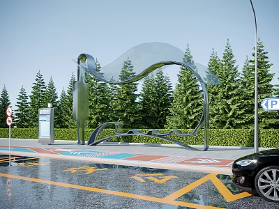 Modern Station Exterior With Green Trees Sculpture Parking Space And Road Markings 3d model