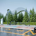 Modern Station Exterior With Green Trees Sculpture Parking Space And Road Markings