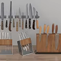 Practical Kitchen Knife Storage With Wooden Block And Metal Wall Rack