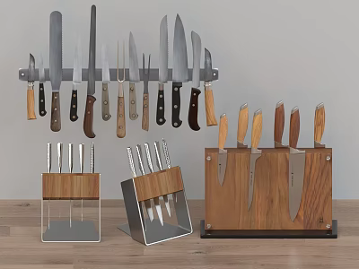 Practical Kitchen Knife Storage With Wooden Block And Metal Wall Rack 3d model