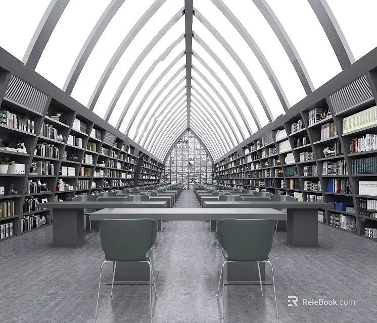 Book Art Inspired Library Interior With Arched Ceiling Bookshelves And Long Tables 3d model 