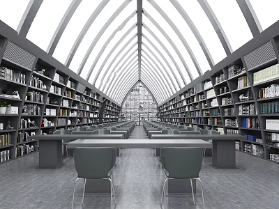 Book Art Inspired Library Interior With Arched Ceiling Bookshelves And Long Tables 3d model
