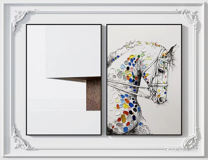 Framed Artworks With White Ornate Borders Folded Design Wood Grain And Colorful Dots 3d model 