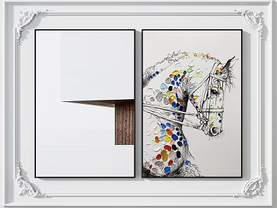 Framed Artworks With White Ornate Borders Folded Design Wood Grain And Colorful Dots 3d model