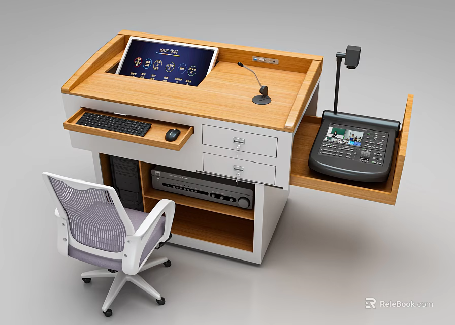 Multifunctional Office Desk with Wooden Top Tablet Microphone Keyboard Mouse Drawers and Equipment Compartment 3d model 