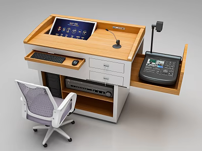 Multifunctional Office Desk with Wooden Top Tablet Microphone Keyboard Mouse Drawers and Equipment Compartment 3d model