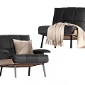 Modern Black Leather Leisure Chair With Beige Pillow And Blanket Wooden Frame Metal Legs