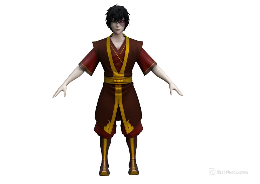 Man in Traditional Reddish Brown and Yellow Outfit with Black Hair Standing Arms Extended 3d model 