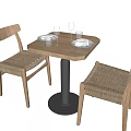 Modern Wooden Dining Table Set with Rattan Seats and Round Tabletop 3d model