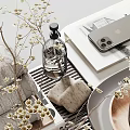 Elegant Washing Daily Essentials with Rolled Towels Aromatherapy Candles and Glass Bottles on Wooden Tray