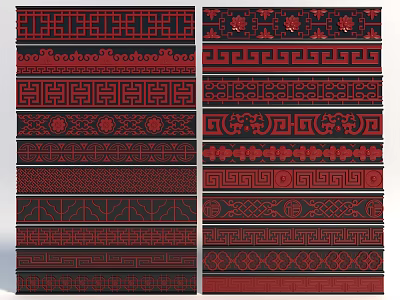Various Traditional Chinese Carved Patterns in Red and Black Decorative Designs 3d model