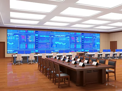 Advanced Monitoring Room Interior With Large Digital Screens Data Charts And Control Consoles 3d model