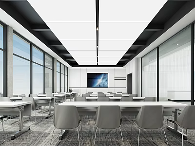 Modern Conference Room Interior With Long Tables Gray Chairs Large Windows And Projector Screen 3d model