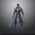 Man Wearing Shiny Blue Armor Holding Glowing Sword with Orange Gloves