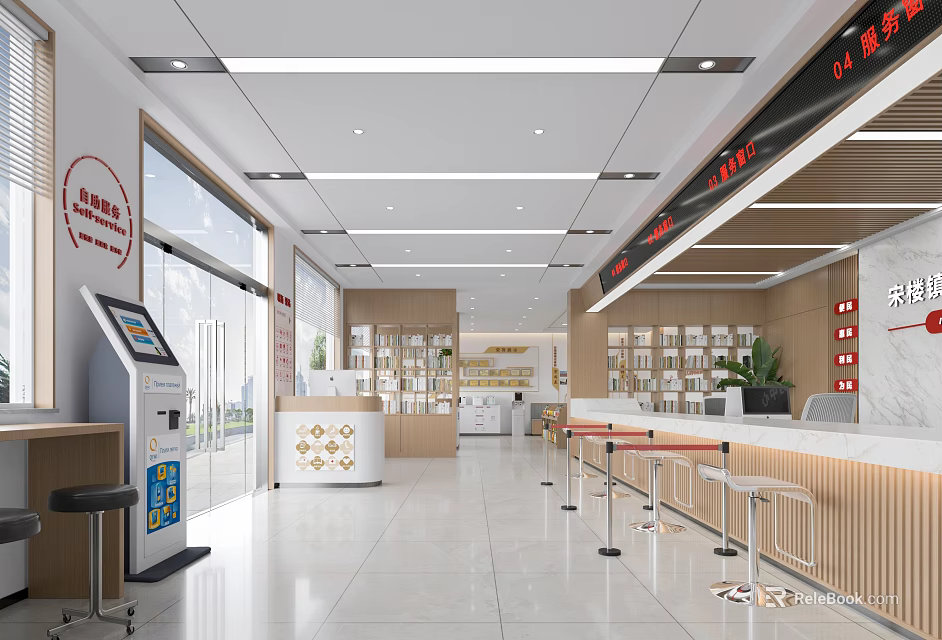 Modern Bright Administrative Service Hall with Self Service Kiosk Counter Stools and Shelves 3d model 