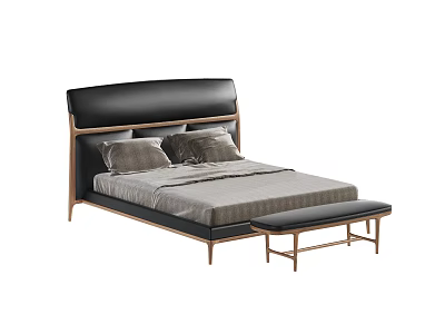 Modern Double Bed With Black Leather Headboard Wooden Frame Gray Pillows Gray Bedspread And Footstool 3d model