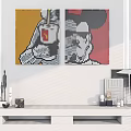 Modern Interior With Pixel Art Paintings On Wall And Decorative Table Items 3d model