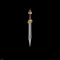 Ancient Decorative Sword With Golden Hilt And Intricate Engraved Blade Patterns