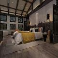 Hotel Guest Room Interior With Modern Chinese Style Wooden Beams Sofa And Green Plants