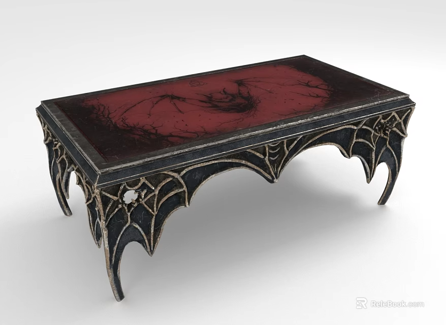 Gothic Inspired Decorative Table With Red Patterned Tabletop And Bat Wing Shaped Legs 3d model 