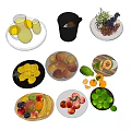 Assorted Fresh Fruits in Bowls and Plates with Grapes Peaches Bananas and Fresh Juice