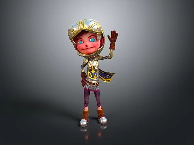 Cartoon Man In Golden Decorated Armor Helmet Raising Hand Purple Pants Silver Shoes Gray Background 3d model