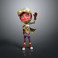 Cartoon Man In Golden Decorated Armor Helmet Raising Hand Purple Pants Silver Shoes Gray Background