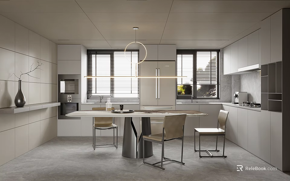 Modern Minimalist Restaurant Interior With Round Dining Table Hanging Pendant Light And White Cabinets 3d model 