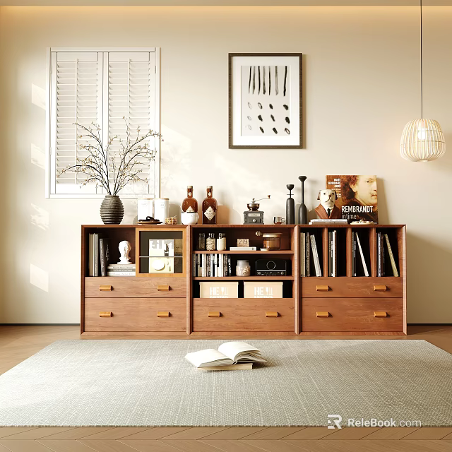 Modern Entryway Cabinet Sideboard With Wooden Design Drawers Decorative Books And Vases 3d model 