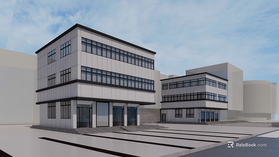 Modern Two Story Office Building Exterior With Large Windows And Parking Area 3d model 