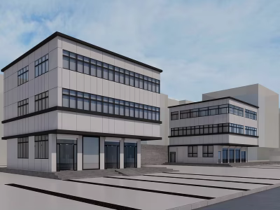 Modern Two Story Office Building Exterior With Large Windows And Parking Area 3d model
