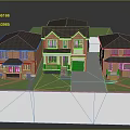 Three Brick Residential Houses Exterior With Green Lawn And Gray Driveway