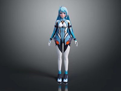 Game and Movie Character With Blue Hair Blue White Form Fitting Suit Orange Black Accents 3d model
