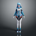 Game and Movie Character With Blue Hair Blue White Form Fitting Suit Orange Black Accents