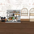 Gray Kitchen Shelf With Cups Jars Fruits Wicker Baskets Wooden Floor Textured Wall