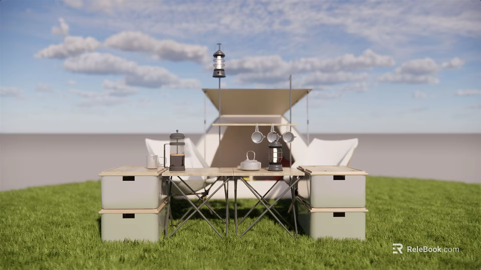 Spacious Camping Tent On Green Grass With Wooden Table Storage Boxes Lantern And Coffee Maker 3d model