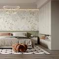 Elegant Bedroom Interior With Floral Wallpaper Wooden Floor Chandelier Area Rug And Window Curtains
