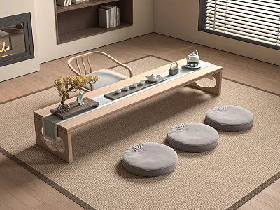 Wooden Tea Table Set with Three Gray Cushions Green Plants Bookshelf and Fireplace in Background 3d model