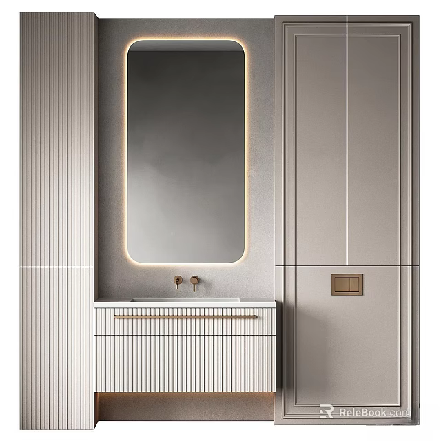 Modern Bathroom Vanity With Backlit Mirror And Striped Cabinet Brushed Gold Faucet Design 3d model 