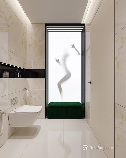 Modern Bathroom Interior With Marble Tiles Toilet Green Bench And Frosted Glass Shower 3d model 