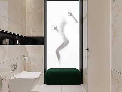 Modern Bathroom Interior With Marble Tiles Toilet Green Bench And Frosted Glass Shower 3d model