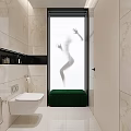 Modern Bathroom Interior With Marble Tiles Toilet Green Bench And Frosted Glass Shower