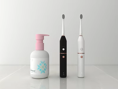 White Hand Wash Bottle With Pink Pump And Blue Floral Pattern And Black White Electric Toothbrushes 3d model