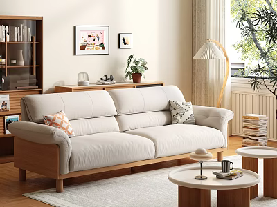Modern Light Sofa and Round Coffee Table Set with Decorative Paintings Floor Lamp and Plants 3d model