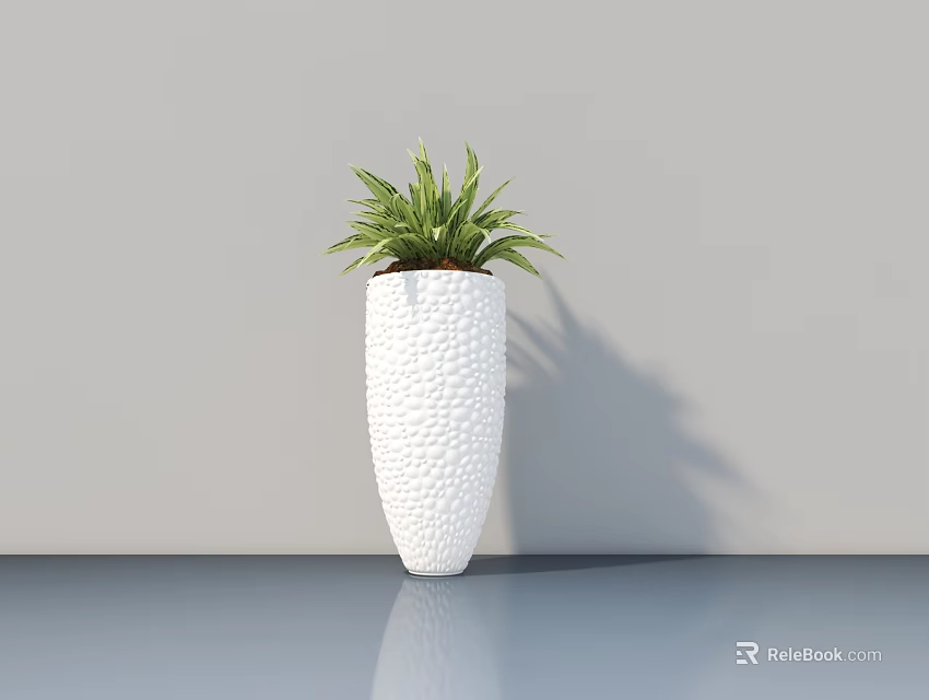 Potted Plant in White Textured Vase on Smooth Gray Surface with Light Gray Wall Background 3d model 