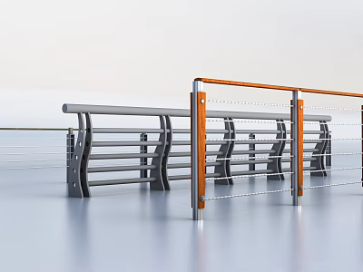 Modern Metal Railings With Horizontal Bars And Orange Handrail In Indoor Setting 3d model
