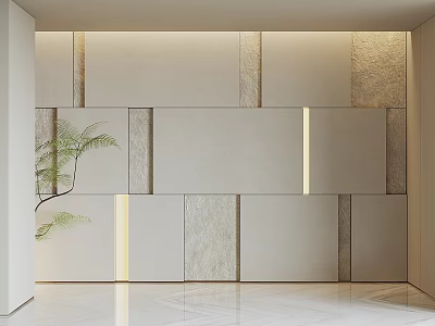 Elegant Modern Feature Wall With Mixed Material Panels Integrated Lighting And Green Plant 3d model