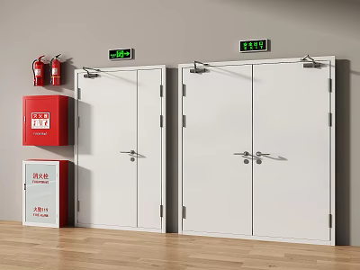 White Double Doors With Red Fire Equipment And Green Safety Signs Indoor 3d model