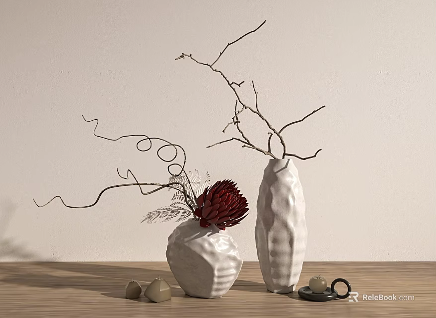 Elegant Textured White Vases With Dried Branches Red Bloom And Decorative Stones On Wooden Table 3d model 
