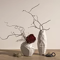 Elegant Textured White Vases With Dried Branches Red Bloom And Decorative Stones On Wooden Table